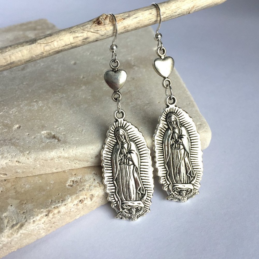 Silver Virgin Mary Heart Earrings - Picture 2 of 7